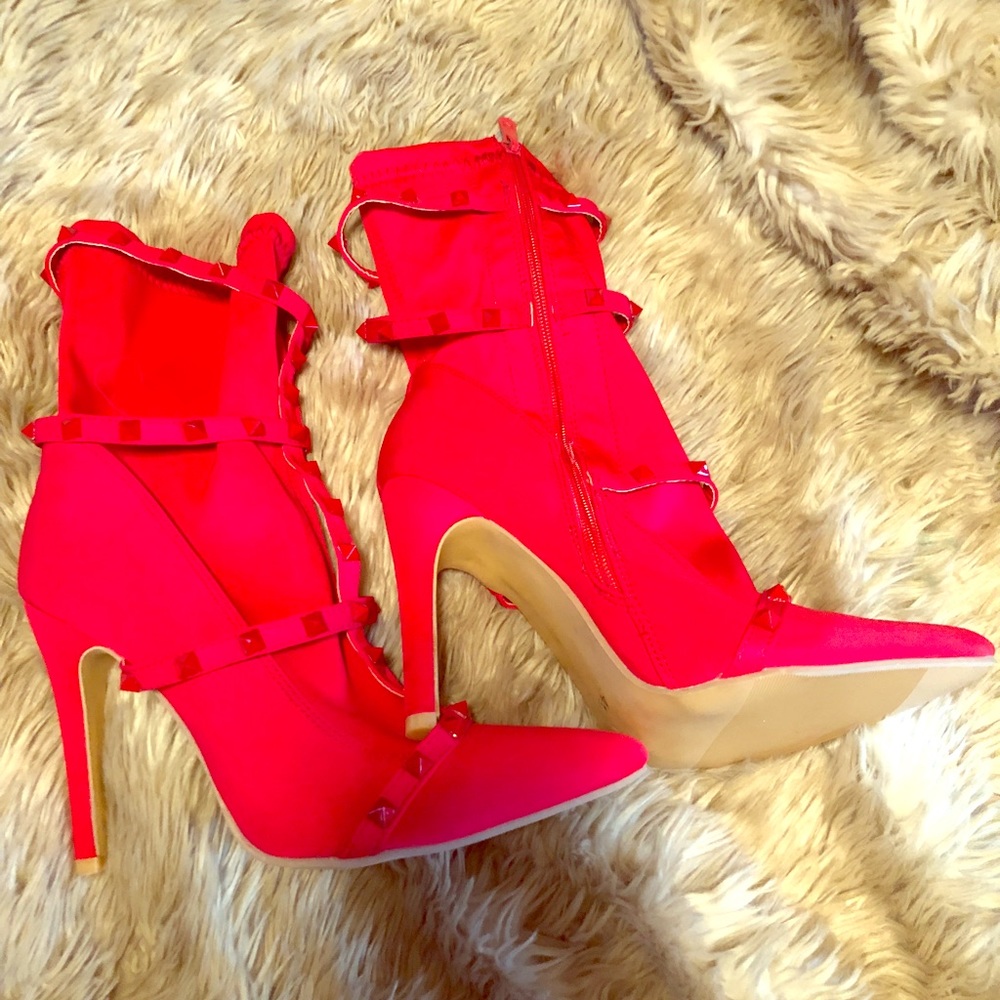 Red, stud heel booties